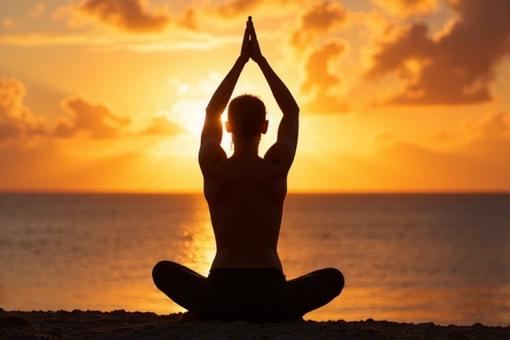 Immagine di una persona che fa yoga al tramonto su una spiaggia