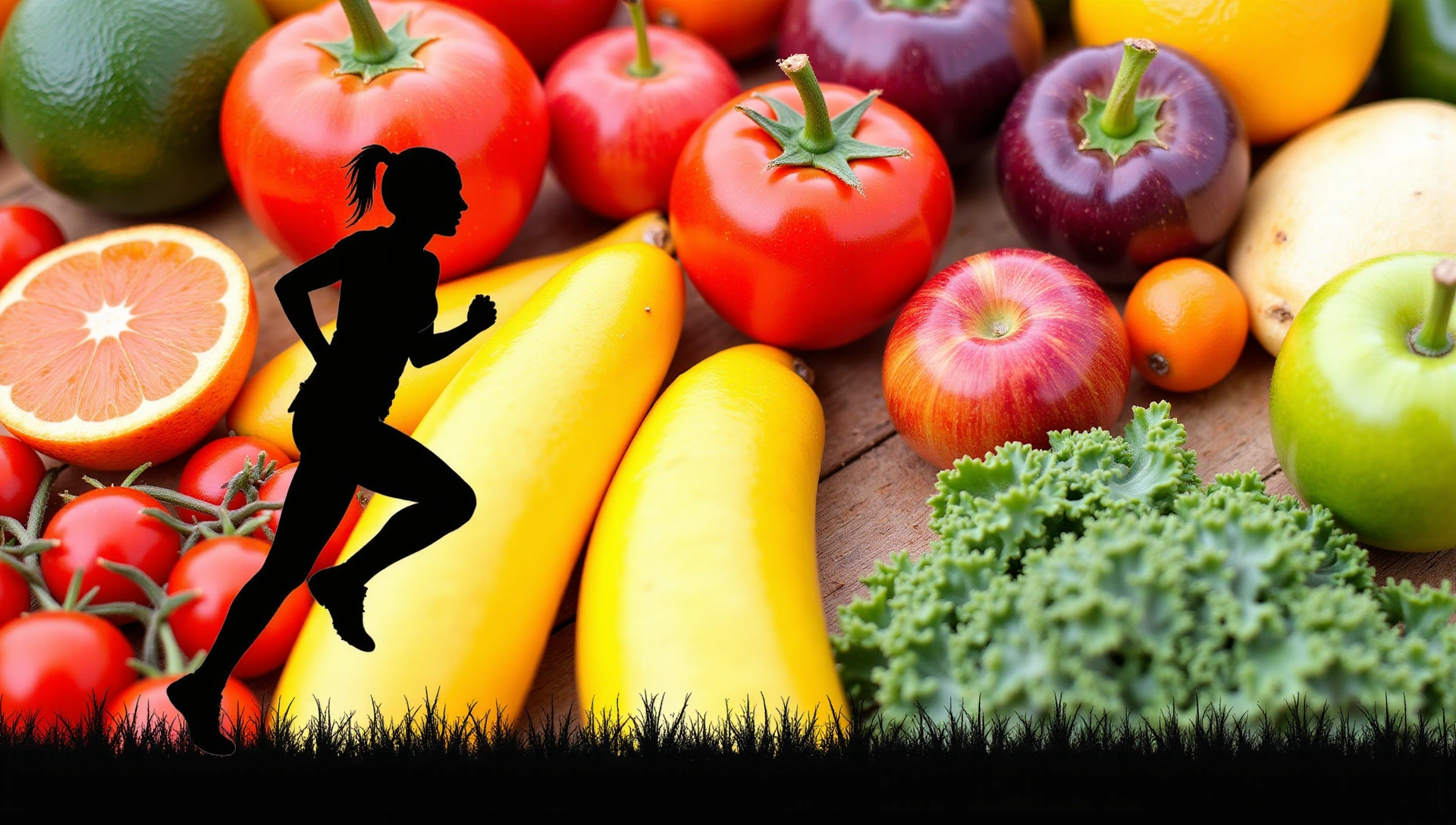 Frutta fresca, verdure e una persona energica che corre, simbolo di salute e vitalità