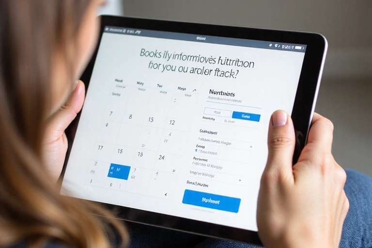 A person booking an online consultation with a nutritionist on a tablet, showing calendar and payment options, symbolizing service terms.